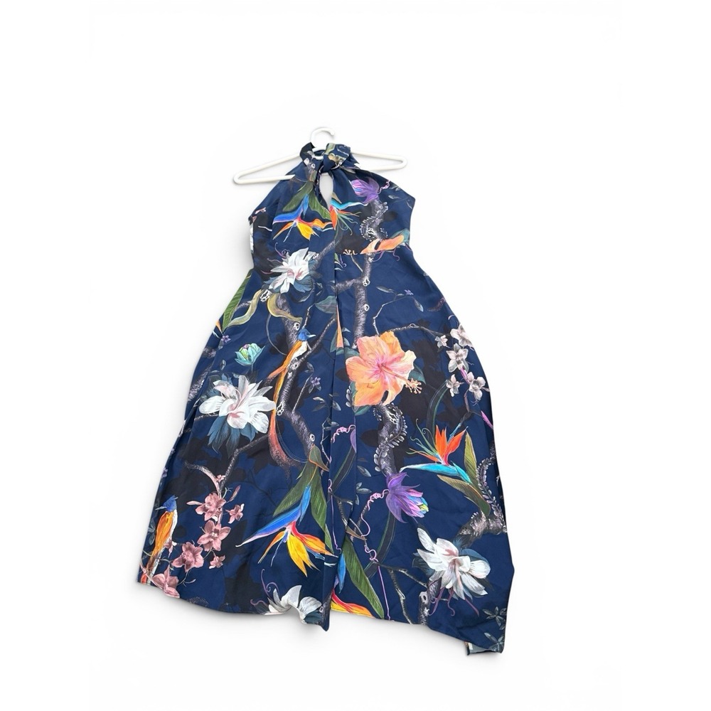 REISS Navy Tropical Floral Halter Dress US 4 Open Back Midi Cocktail